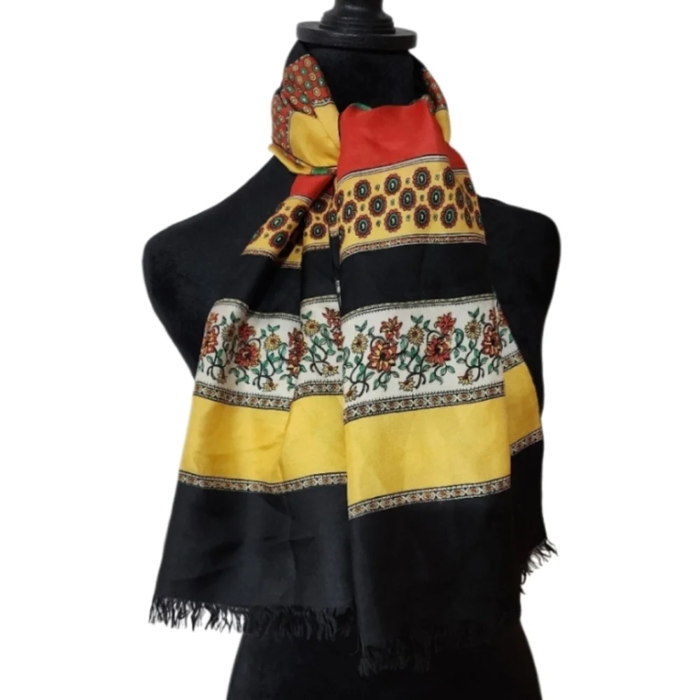 Vintage Silk Blend Long Scarf Colorful Boho Ethnic Print Black Yellow Red
